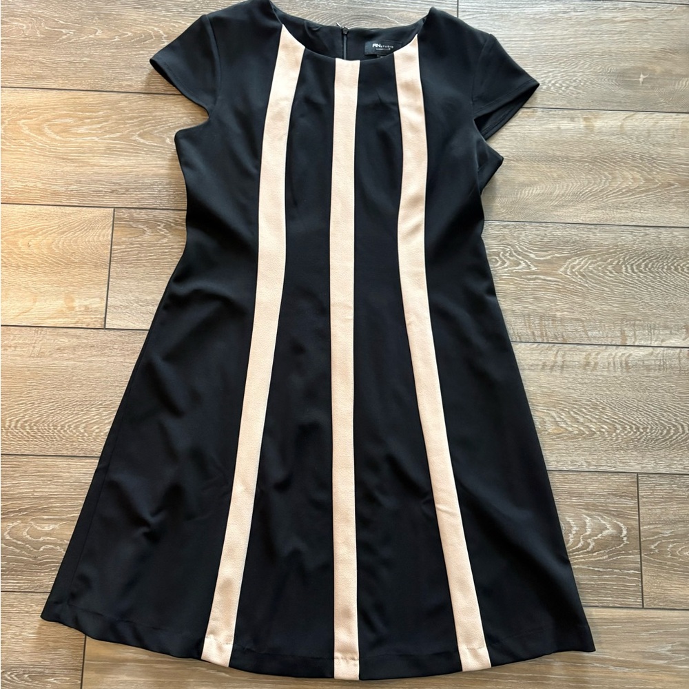 Ronni Nicole Black Mini Dress with Cream Vertical Stripes